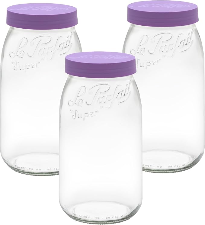 Le Parfait Eco-Friendly Zero Waste Wide Mouth Glass Jar with Airtight Screw Top Lid - Reusable French Storage Jar for Food, Soup, Flour, Sugar, Canning & Baking (3L/96oz, 3 Pack, Violet)