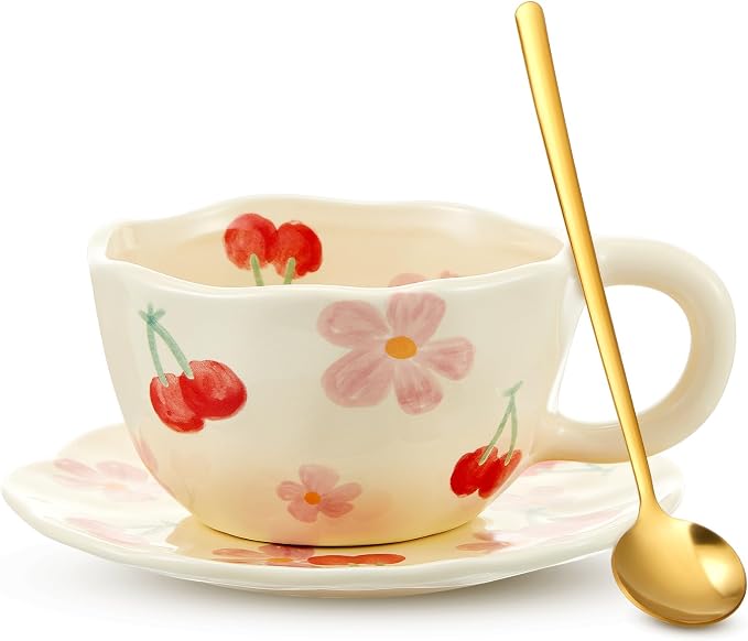 Vesici 1 Set Ceramic Coffee Mug Set with Saucer and Spoon Cute Mothers Day Gifts for Mom 8.5 oz Vintage Floral Tea Cup Aesthetic Mug Gift for Women, Dishwasher and Microwave Safe (Classic Style)