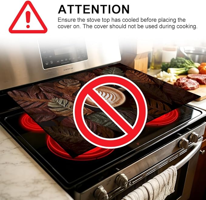 Stove Top Cover for Electric Stove 28.4 x 20.5 Inch Non Slip Stove Mat Oil Proof Coffee Leaves Glass Cooktop Protector Kitchen Counter Mat