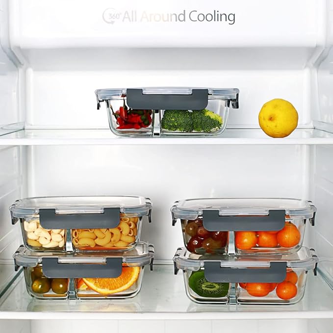 Meal Prep Containers - 2 Compartments with Glass Bowls with Lids, Food Storage Containers Dividers Airtight Lunch Containers, Bento Box for Oven Freezer, 10 Pack