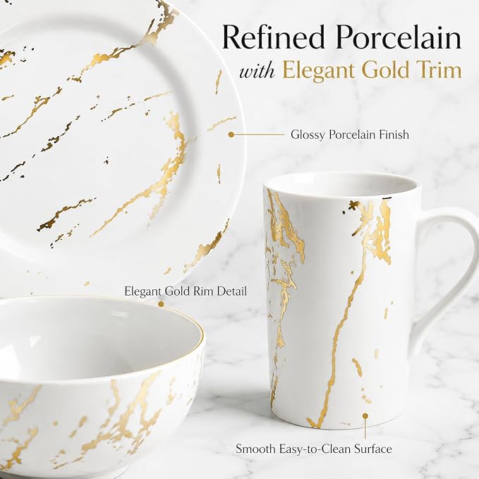 White and Gold Dinnerware Set for 4, 16-Piece Porcelain Plates and Bowls Set with Gold Trim, Modern Ceramic Dish Set for Home Dining and Gifts