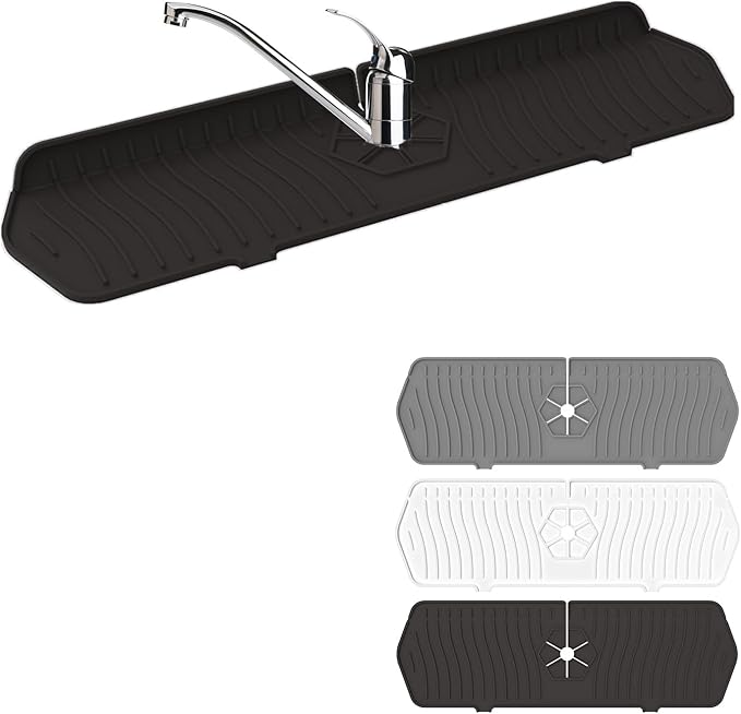 Faucet Guard - 90 Foldable Drain Mat for Kitchen & Bathroom with 2 Drain Ports (Black, 17.7"*5.66")