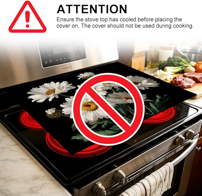 Stove Top Cover for Electric Stove 28.4 x 20.5 Inch Non Slip Stove Mat Oil Proof White Daisy Glass Cooktop Protector Kitchen Counter Mat
