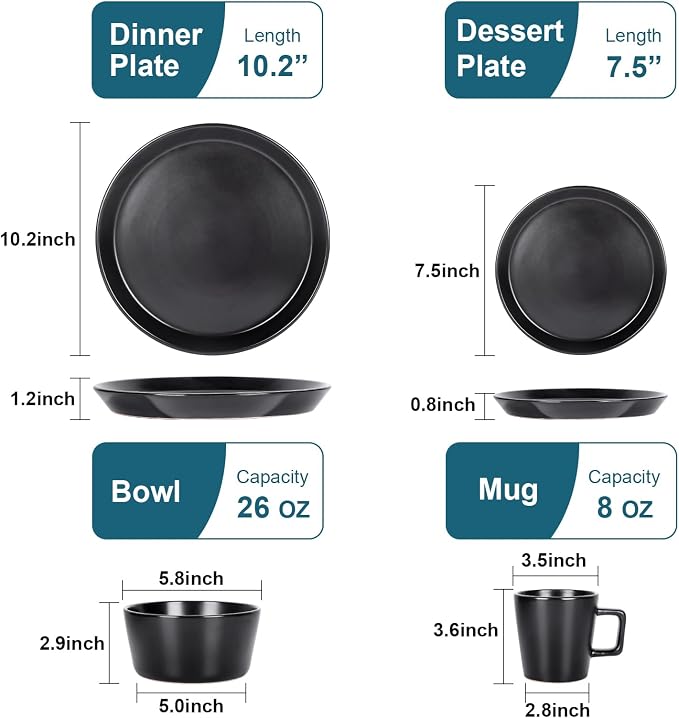 Plates and Bowls Sets, 16 Pieces Dinnerware Sets, Service For 4, Black