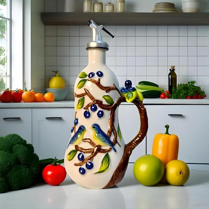 18.26oz/540ml Ceramic Olive Oil Dispenser Bottle,Hand Painted Reliefs Oil Dispenser for Kitchen,Oil Bottles for Kitchen (Blueberry)
