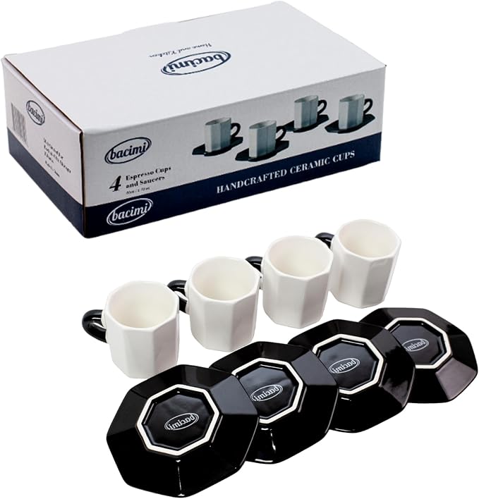 Bacimi® Mini Ceramic Espresso Cups with Saucer - Set of 4/2.7oz / 80ML - Small Drinking Cups with Handle - Dishwasher & Microwave Safe - Modern Italian Inspired Mugs for Coffee, Cocoa
