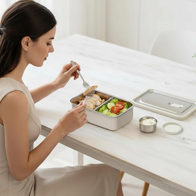 Modaniam Stainless Steel Bento Box, Stainless Steel Lunch Box for Adults, 42 OZ, Metal Lunch Box, Lunch Containers with Compartment, Vanilla, Leak Proof