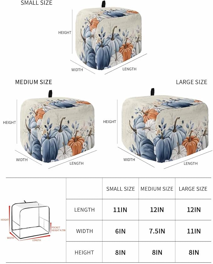 Blue Gray Pumpkin Fall Toaster Cover 4 Slice, Thanksgiving Botanical Dustproof Bakeware Oven Protector with Top Hook, Autumn Beige Waterproof Small Kitchen Appliance Toasters Dust Cover, 12"x11"x8"