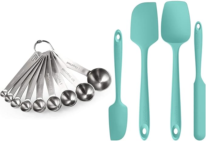 U-Taste 18/8 Stainless Steel Measuring Spoons Set for Dry and Liquid Ingredients(Set of 9), and Upgraded 600ºF High Resistant Flexible and Sturdy Silicone Spatula Set of 4 (Aqua Sky)