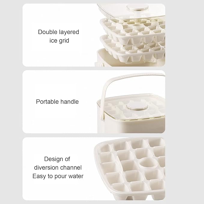 MAVIS LAVEN Ice Cube Maker Ice Tray Set with 2 Trays and Storage Bin for 120 Cubes Easy Release Button Design Food Grade PP Material Silicone Handles Dust Proof Lid (Milk White)