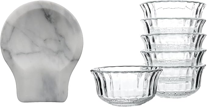 Marble Spoon Rest for Kitchen Counter, Stove Top, Spatula, Tongs Holder with Non-Slip Silicone Feet, 1 Pack + 4.5" Clear Textured Glass Bowls, Mini Bowls for Desserts, Dips and Fruit, 9.5oz, Set of 6