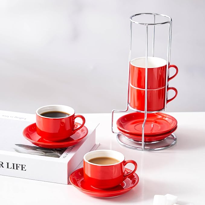 2.5oz Espresso Cups Set of 4, Small Stackable Coffee Cups with Saucers and Metal Stand, Ceramic Demitasse Cups, Cappuccino Cups for Coffee Drinks, Latte, Red