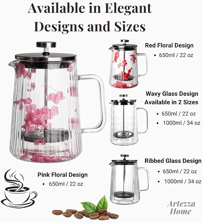 French Press Coffee Maker 22oz – Pink Floral Glass Design – Double-Wall Borosilicate Ribbed Coffee Press with Stainless Steel Filter – Manual Brewer & Tea Press