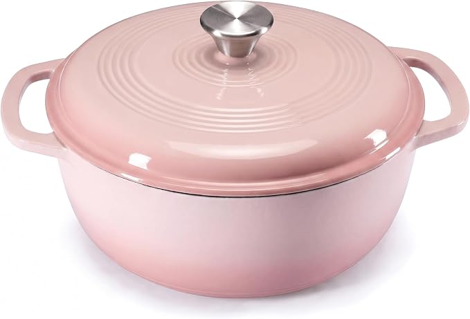 DUMOS Cast Iron Dutch Oven, 6 Quart Pot with Lid, Enameled Heavy Duty Cookware, Oven Safe to 500°F, Perfect for Bread Baking, Braising, Stews and Roasting, Moisture Sealing Lid with Dual Handles, Gradient Pink