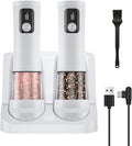 Electric Salt and Pepper Grinder Set,2 Pack Rechargeable Automatic Pepper Mill,with Charging Base,5 Level,Display,LED Lighting,Large Capacity,Kitchen Gift (2, White, Charging Base)