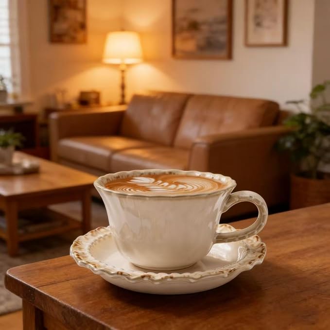 Vintage Porcelain Coffee Cup and Saucer Set, 12 OZ Ceramic Latte Mug - Farmhouse Cappuccino Cups for Espresso and Turkish Coffee, Artisan Tea Cups, Great Barista Gift for Home Cafe