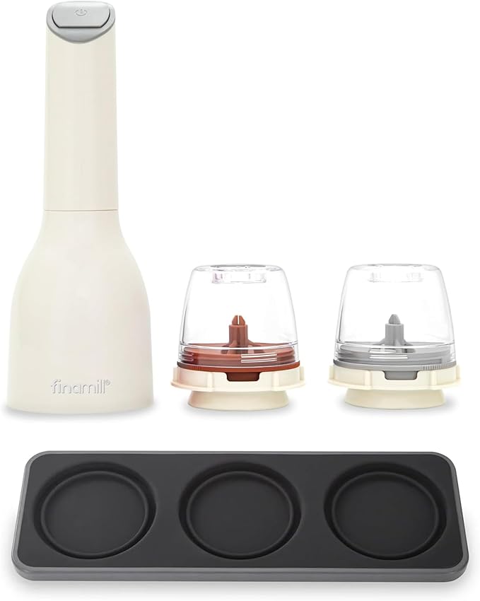 FinaMill Classic Battery-Operated Spice Mill Bundle with Slate Trio Stackable Tray – One-Handed Grinder with Interchangeable Pods, Space-Saving Spice Organizer, Valentine’s Day Gift for Food Lovers