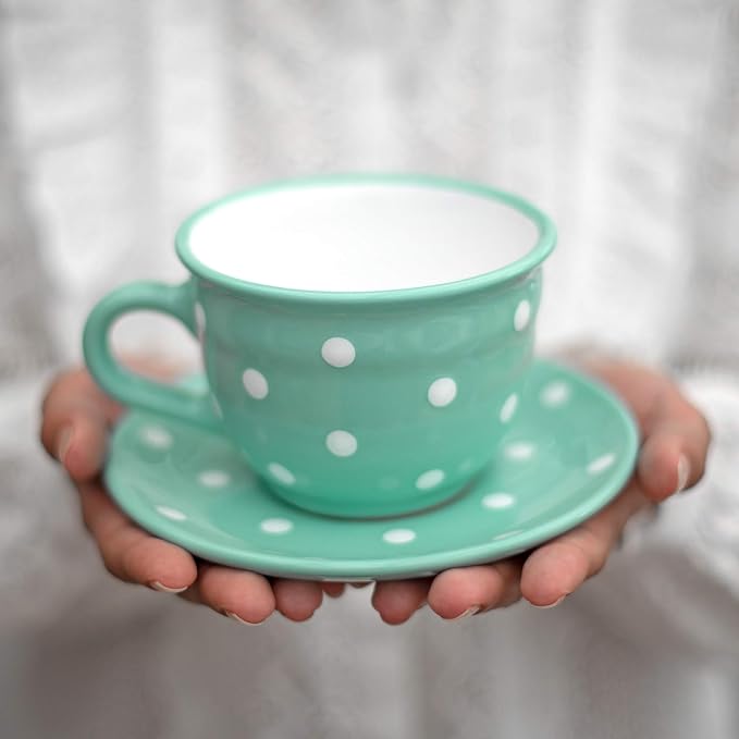 City to Cottage Handmade Teal Blue and White Polka Dot Large Ceramic 12oz/350ml Cappuccino Coffee Tea Cup and Saucer, Unique Designer Pottery for Tea Lovers