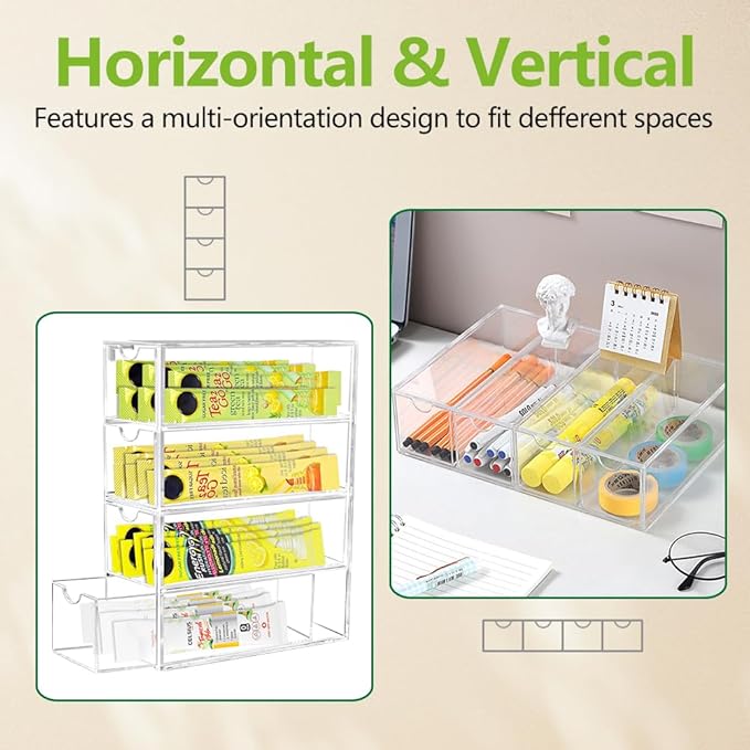 Drink Packet Organizer, Acrylic Drink Mix Holder with 4 Clear Drawers Water Flavor Packets Container for Kitchen Pantry Home Organization (1 Pack)