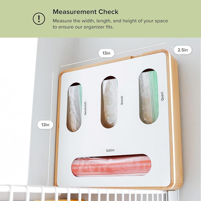 Premium Ziplock Bag Organizer – Kitchen Edge 4-Slot Bamboo Organizer with White Metal, Fits Gallon, Quart, Sandwich & Snack Bags, Magnetic Top, Non-Slip Base, Wall Mountable, 13in x 13in x 2.5in