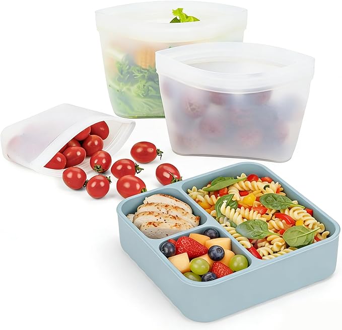 Ziplock Silicone Food Storage Bags Freezer, Bundle of 3 Compartment Silicone Bento Box Adult Lunch Container, Microwave Oven Dishwasher Safe
