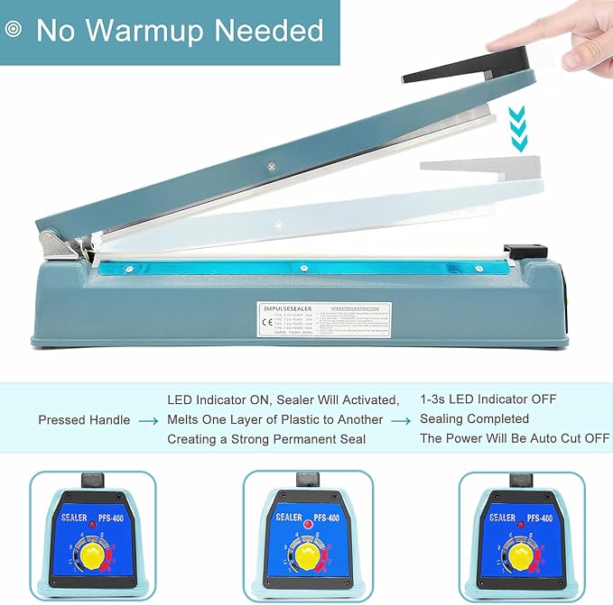 12 Inch 5mm Impulse Heat Sealer Machine for Plastic Mylar Bags, Metal Shell, with 6 Replacement Parts (including 2 Cutting Lines)