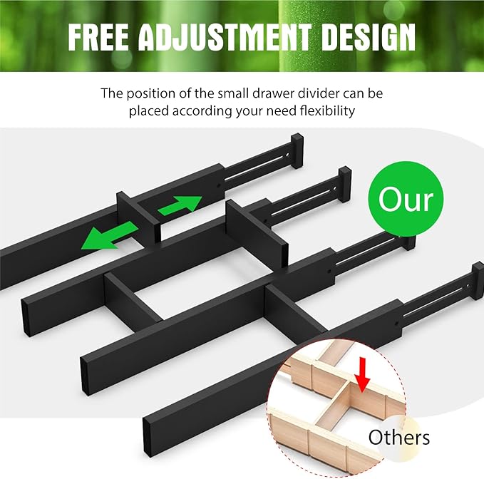 ANTOWIN 10pack Bamboo Drawer Dividers, Expandable Drawer Separators Splitter, 17-22 inches Adjustable Spring-loaded Organizer for Large Utensil, Clothes, Tools Drawers(Black)