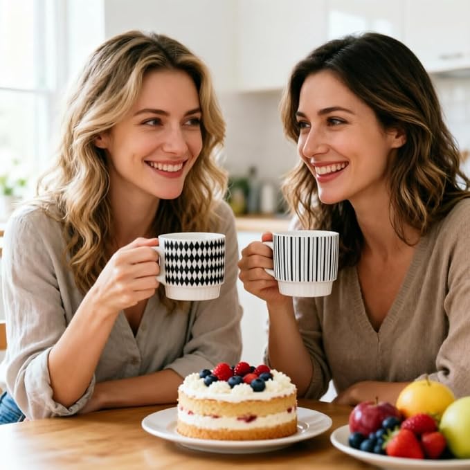 Stackable Coffee Mugs Set of 2, Simple Geometric Patterns Coffee Mug, 12oz Tea Cup Set, Espresso Cups, Stacked Mug Set for Household Party Housewarming Gift（1）