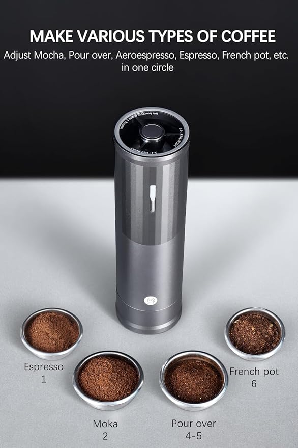 Electric Coffee Grinders, Portable Burr Grinder Capacity 50g w/Magnetic Cover,External Adjustable Setting, Aluminum Alloy Body, 800mAh Battery(Stand not Included) (Gray)