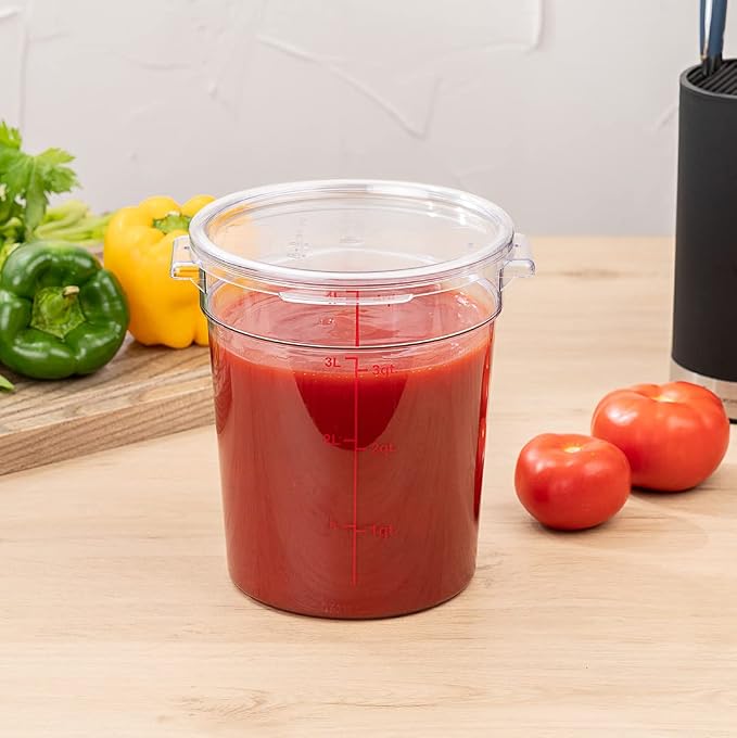 Restaurantware Met Lux 4 Quart Food Storage Containers 10 Round Commercial Storage Containers - Lids Sold Separately With Volume Markers Clear Plastic Food Prep Buckets Space-Saving Storage