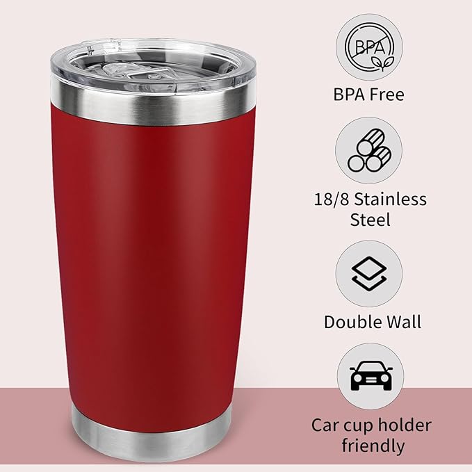 20oz Stainless Steel Tumbler Bulk with Lid, Travel Mug - Double Wall Vacuum Powder Coated Cup - Red, 12 Pack