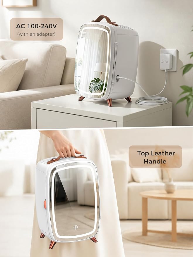 COWSAR Mini Fridge for Bedroom with Dimmable LED Light Mirror, 6 L/8 Can Skincare Fridge with Top Leather Handle, Portable Small Refrigerator for Cosmetic, Beverage and Food, Dorm, Office, Pearl White