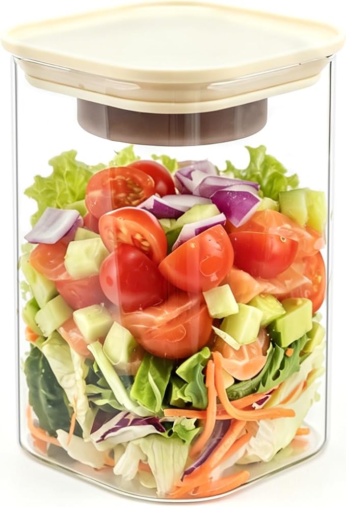 LIBWYS Glass Salad Jars with Lids Meal Prep, 34oz Larger Square Containers for Home Storage & Lunch, Built-In Leakproof Compartments, Wet/Dry Separation for Salad Dressing & Ingredients
