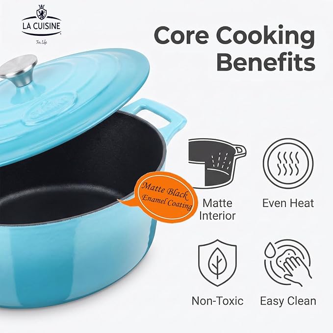 La Cuisine Enameled Cast Iron Oval Dutch Oven Casserole Pot with Lid 5 QT Internal Matte Black Enamel for bread baking, 2-ton Teal Enamel Coating Finish Exterior,Oven Safe up to 500° F