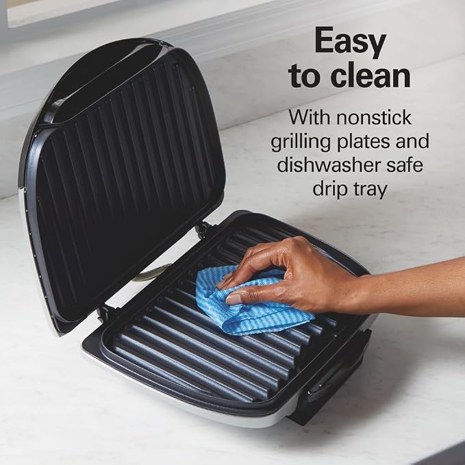 Hamilton Beach Electric Indoor Grill, 6-Serving, Large 90 sq. in. Nonstick Easy Clean Plates, Floating Hinge for Thicker Foods, 1200 Watts, 6.38"D x 12.68"W x 13.78"H, Silver (25371), (Pack of 2)