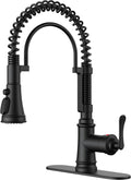 FORIOUS Black Kitchen Faucet with Pull Down Sprayer, Stainless Steel Single Handle Spring Antique Kitchen Sink Faucet with Deck Plate for 1 or 3 Holes, Sutiable for Farmhouse, RV, Camper, Wet Bar