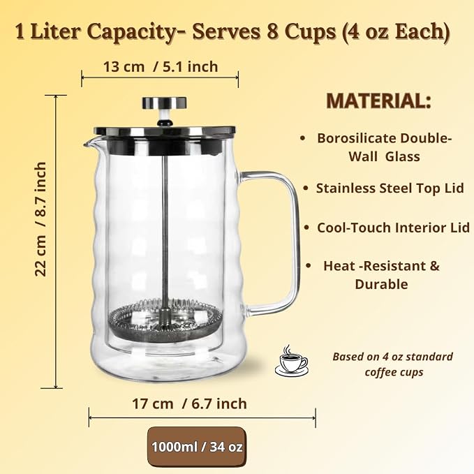 Large Wavy Glass French Press Coffee Maker 34oz – Double-Wall Borosilicate Coffee Press with Stainless Steel Filter – Manual Coffee Brewer & Tea Press – 1 Litre Glass French Press