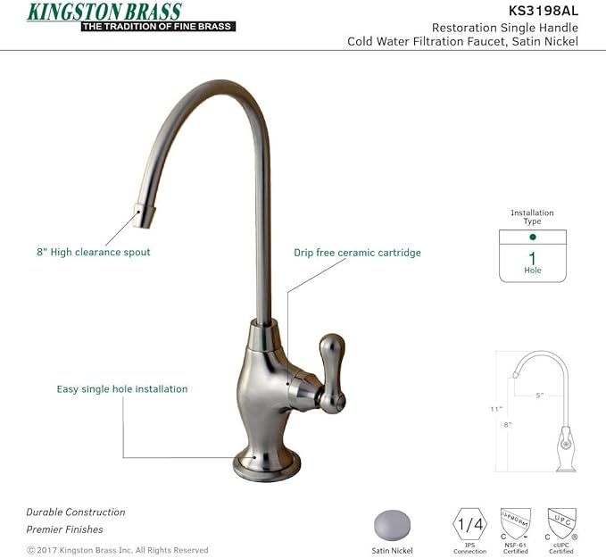 Kingston Brass Gourmetier KS3198AL Restoration Single Handle Water Filtration Faucet, Brushed Nickel, 10.81 x 4.63 x 1.75
