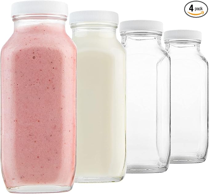 kitchentoolz 16oz Glass Milk Bottles with Lids – 16 oz Reusable Glass Bottles for Milk, Creamer, Juice, Smoothies, Kefir & Yogurt – Airtight Square Drinking Jars for Lunch Box & Fridge – 4 Pack
