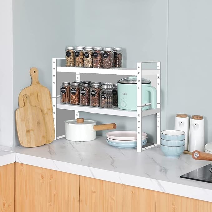 Jojocross Expandable Stackable Spice Rack Cabinet Shelf Organizer in Cabinets Shelves Kitchen Cupboard Organization Stack up Racks Pantry Countertop Storage Large/White 2 Packs