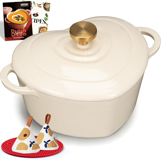Overmont Heart-Shaped Enameled Cast Iron Dutch Oven, 2QT Pink Mini Pot with Lid for Cozy Meals, Soups & Small Batch Baking, Cute Kitchen Cookware Gift for Wedding, Housewarming & Birthday
