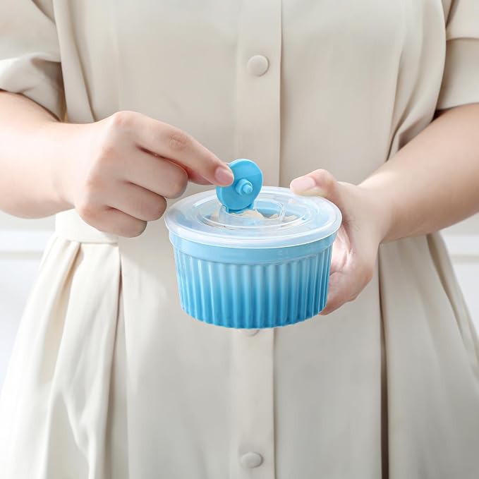 vancasso 6 oz Ramekins with Lid, Porcelain Creme Brulee Souffle Dishes, Blue Pudding Custard Cups Ramiken for Baking, Dishwasher and Oven Safe, Set of 6