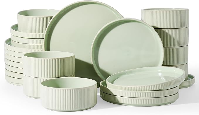 Famiware Star 24-Piece Stoneware Dinnerware Set for 8 – Green, Ceramic Ribbed Plates and Bowls – Modern Rustic Dishes, Everyday & Formal Use – Chip & Scratch Resistant, Microwave & Dishwasher Safe