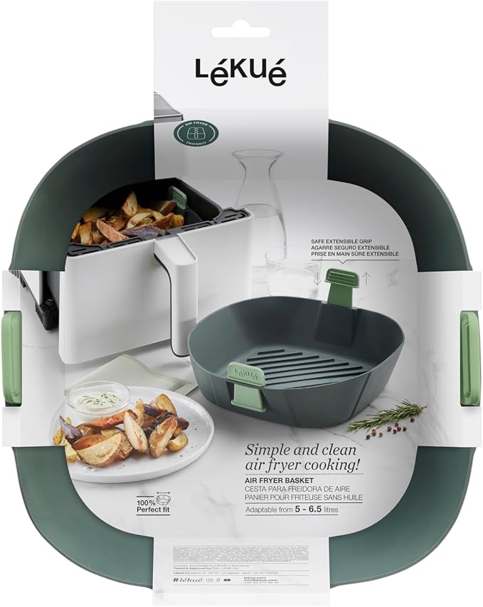 Lékué Air Fryer Basket - X Large - 100% Platinum Silicone Baking Pan for Air Frying, Fits in Draw Tray, Flexible Corners, Pull-up Handles for Easy Removal, Flat Bottom with Drainage Grooves