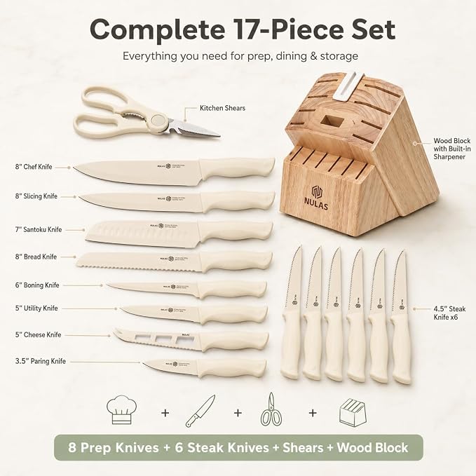 17-Piece Kitchen Knife Set with Block and Built-in Sharpener, High-carbon German Stainless Steel, Non-stick Anti-rust Coatings, Ergonomic Handles, Cream