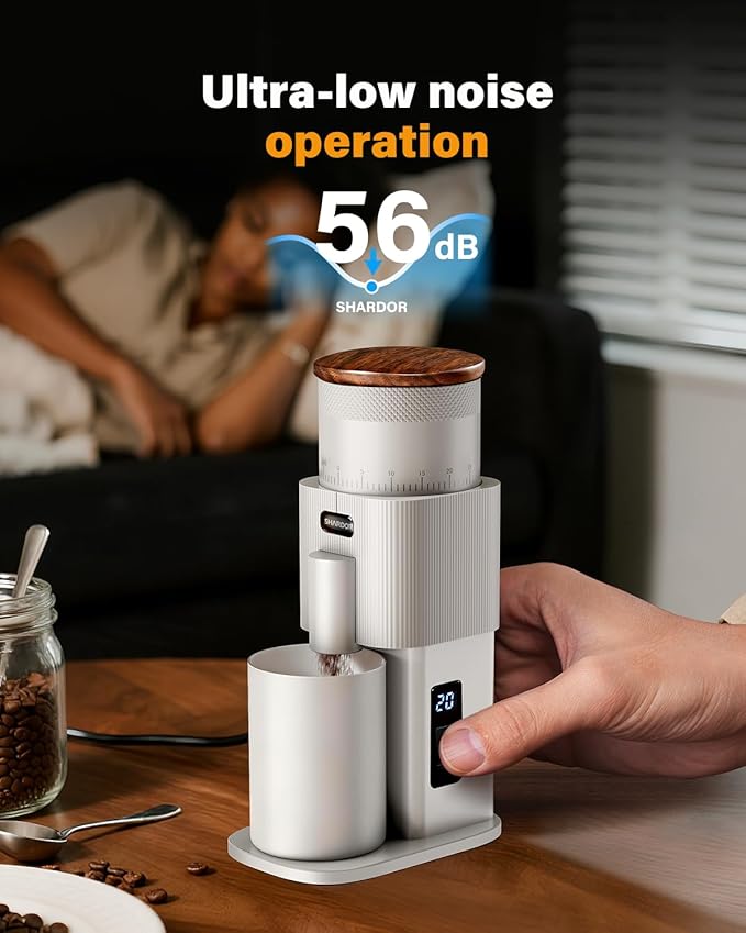 SHARDOR All-Metal Single-Dose Coffee Grinder – Quiet DC Motor, Home-use Espresso Grinder, Burr Coffee Grinder, with 80 Settings and an LED Power Display，White