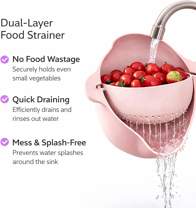 Modern Creative Double Layer Vegetable & Fruit Washing Basket – Durable Plastic Strainer in Pink–Multipurpose Kitchen Colander for Washing, Draining & Serving – Space-Saving Lightweight