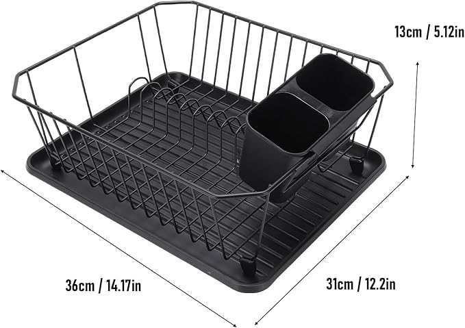 Asixxsix Dish Drying Rack, Stainless Steel Dish Drainer with Utensil Holder and Drainboard, Sink Organization and, 14" x 12" x 5" for Home and Apartment Decor (Black)