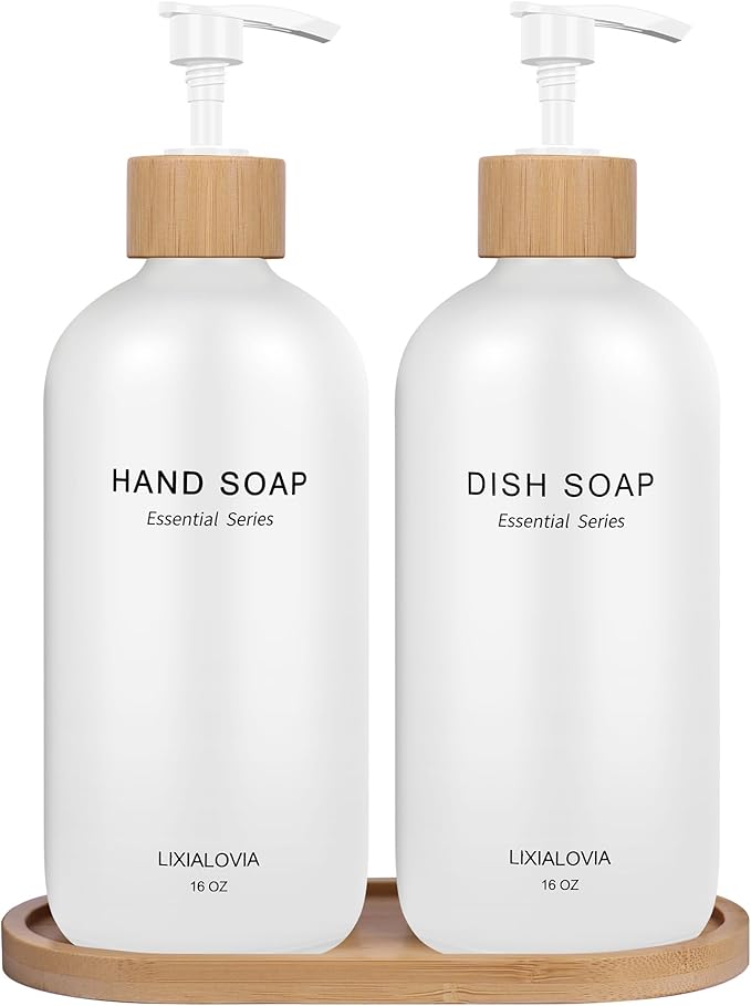 Dish and Hand Soap Dispenser Set with Tray, 16OZ Refillable Glass Bottles and Wood Pump, Double Bottle Countertop Organizer for Kitchen and Bathroom (White)