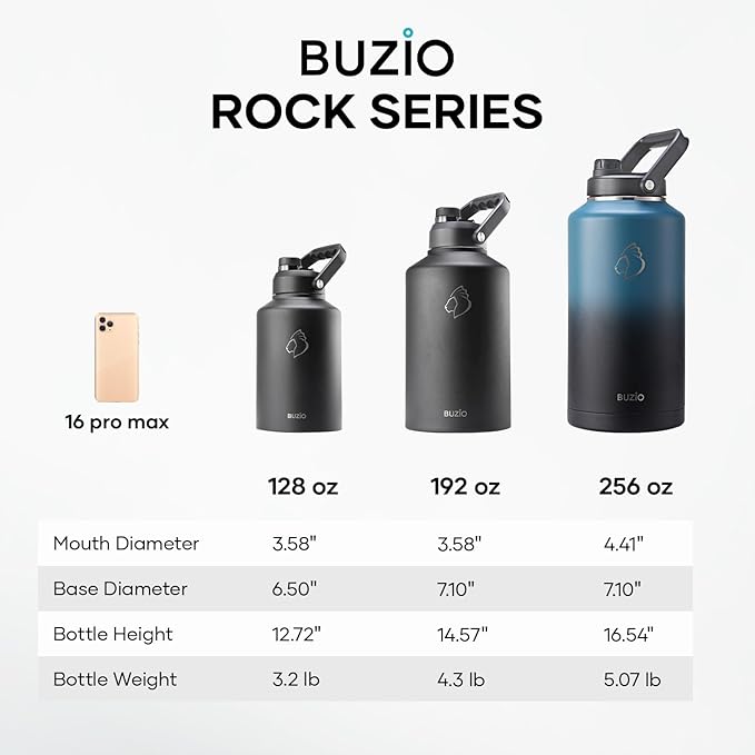 BUZIO One Gallon Water Bottle Insulated, (Cold for 48 Hrs) 128oz Water Jug Large Stainless Steel, 3.58in Big Wide Mouth Leak Proof Metal Flask with Carrying Sleeve for Camping,Gym,Travel, Black Red